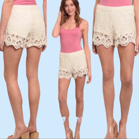 Pants - ❌DONATED❌Cream Beige Crochet Stretch Waistband Lined Shorts